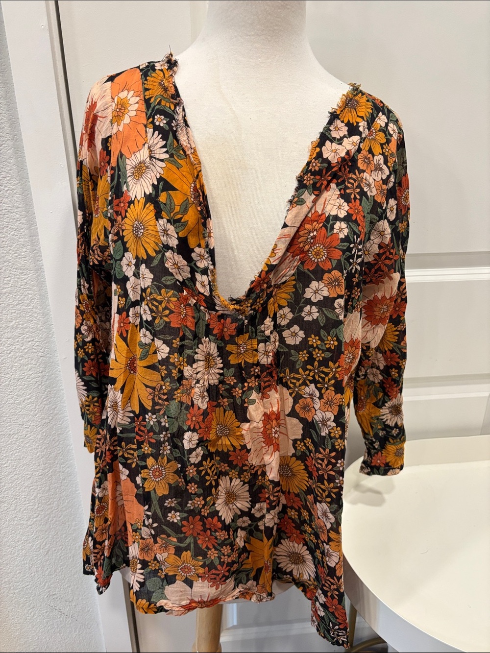 EUC NATURAL LIFE Black Floral Top with Mustard & Rust Blooms
